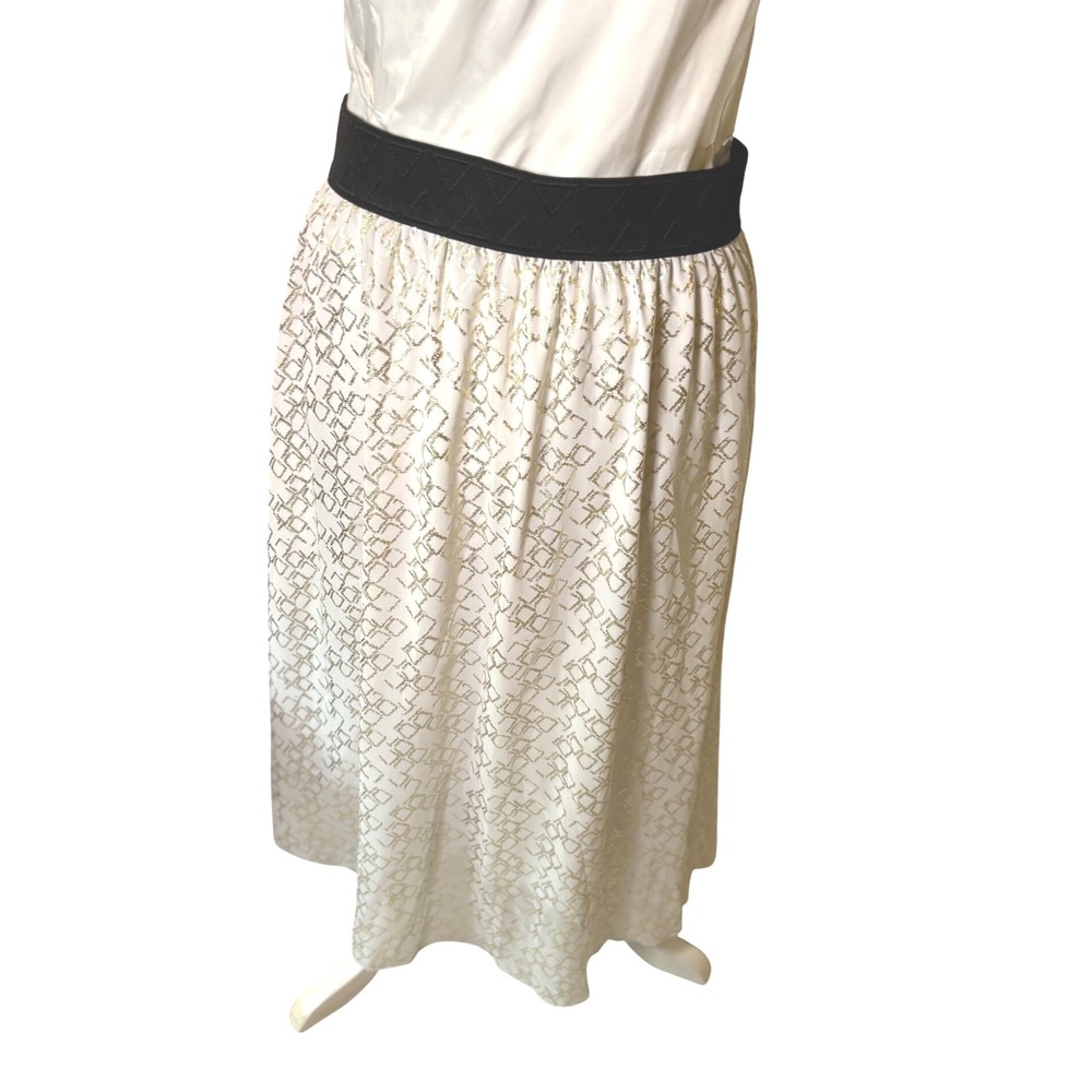 LuLaRoe Maxi Skirt L Large White‎ Gold Geometric Print Black Waistband Elastic